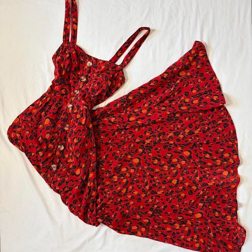 Women's Fiery red and orange animal print button-front maxi dress